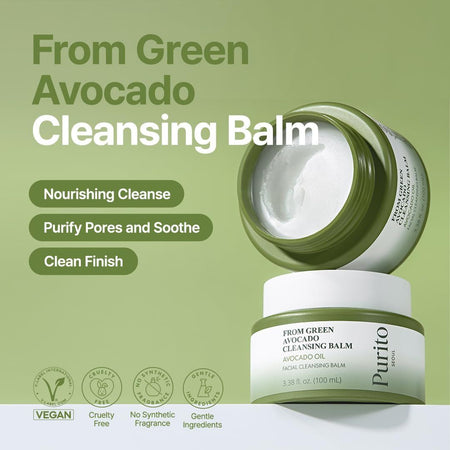 Purito From Green Avocado Cleansing Balm jar with balm on a green background