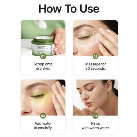 Instructional graphic titled 'How To Use' showing four steps for applying a facial cleansing product: scoop onto dry skin, massage for 30 seconds, add water to emulsify, and rinse with warm water. Small photos of hands and a woman's face are included in each panel. PURITO From Green Avocado Cleansing Balm 100ml
