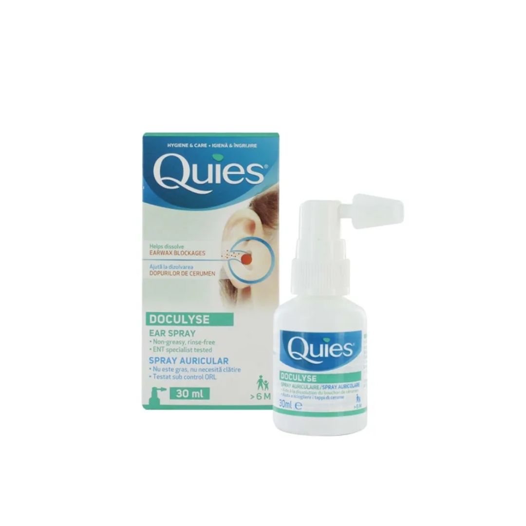Quies Doculyse Ear Wax Removal Spray 30ml bottle and box on a white background