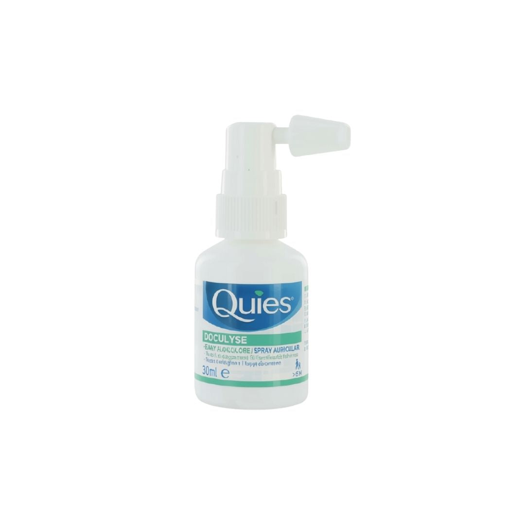 Quies Doculyse Ear Wax Removal Spray 30ml bottle on a white background