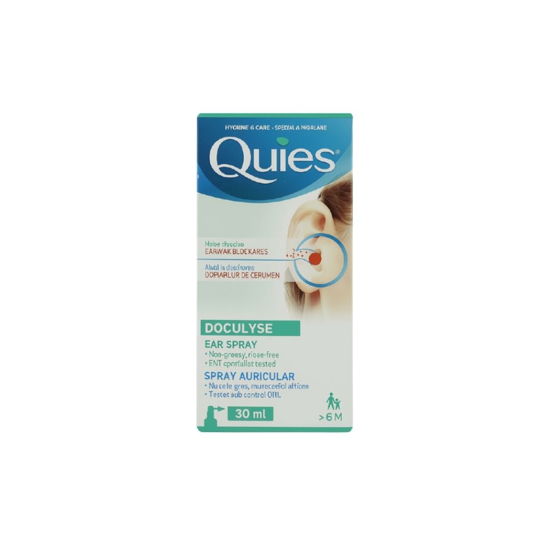 Quies Doculyse Ear Wax Removal Spray  box on a white background