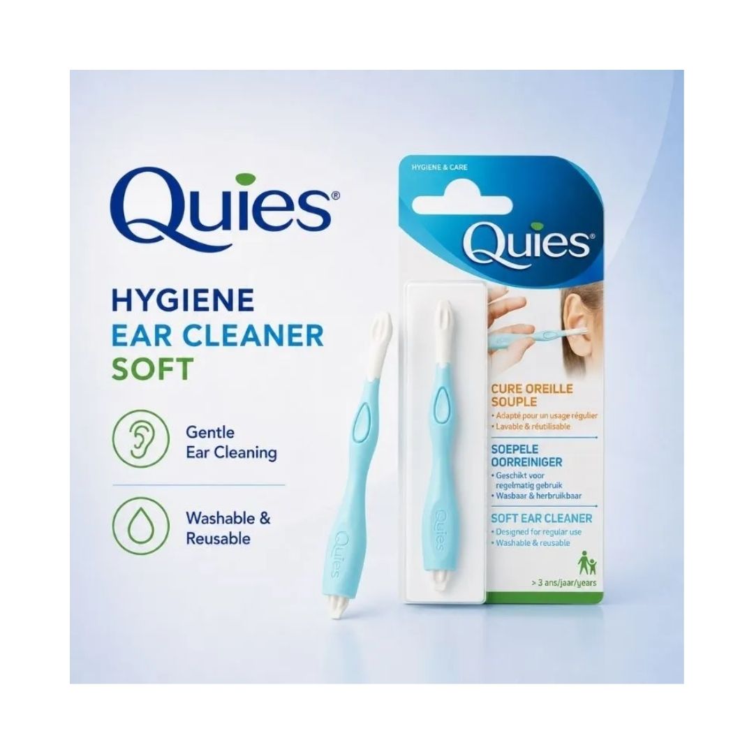 Quies Soft Ear Cleaner product information and packaging on a light blue background