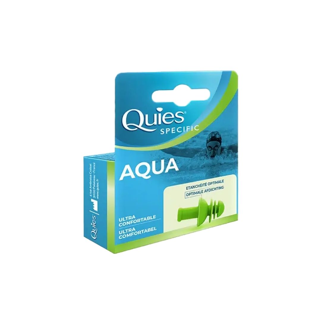Quies Specific Aqua Ear Plugs packaging on a white background