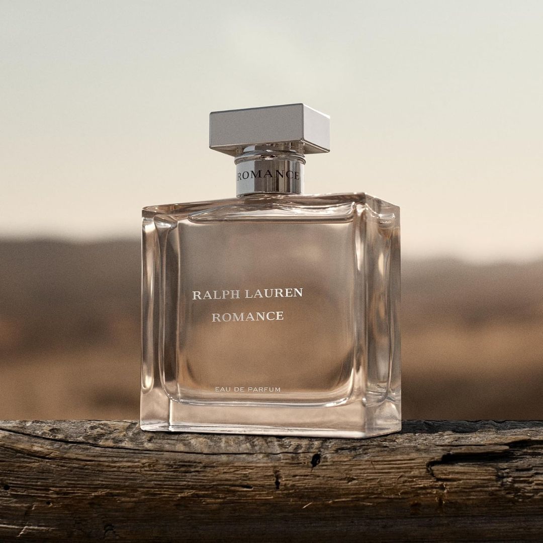 Ralph Lauren Romance Eau de Parfum 50ml on a wooden log