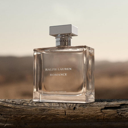 Ralph Lauren Romance Eau de Parfum 50ml on a wooden log