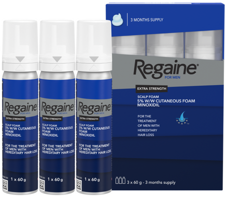Regaine for men hair loss treatment with packaging displaying '3 months supply'.