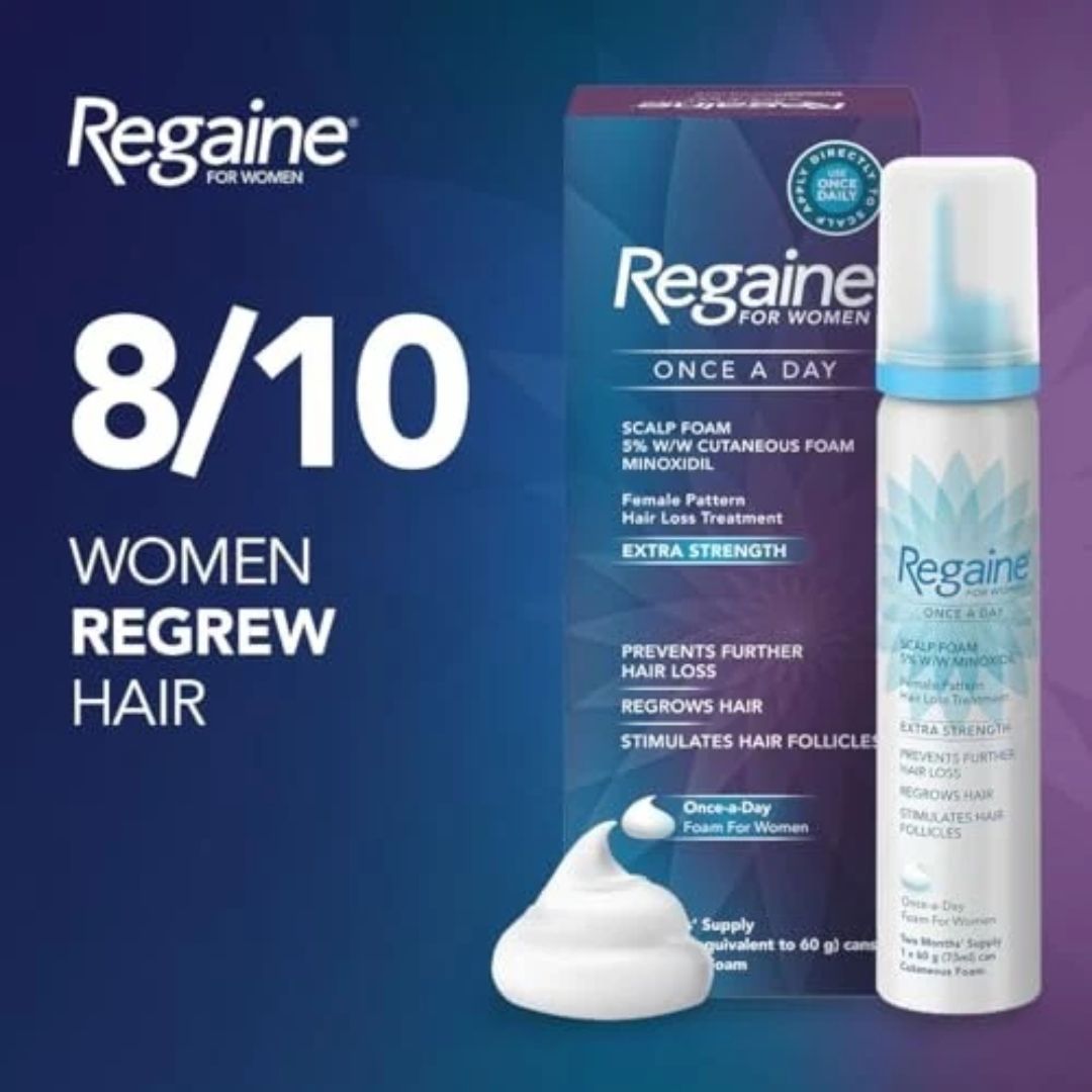 Regaine for Women scalp foam product shown with its dark blue box, a white pump bottle with blue cap, a dollop of white foam, and large marketing text on a blue gradient background.
