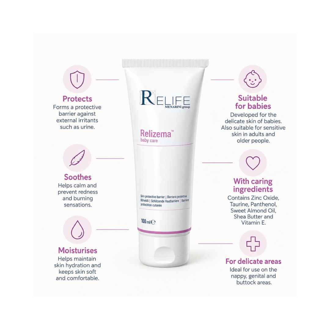 Relife Relizema Baby Care Barrier Cream 100ml rube surrounded by product benefits on an off white background