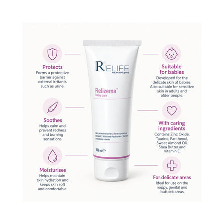 Relife Relizema Baby Care Barrier Cream 100ml rube surrounded by product benefits on an off white background