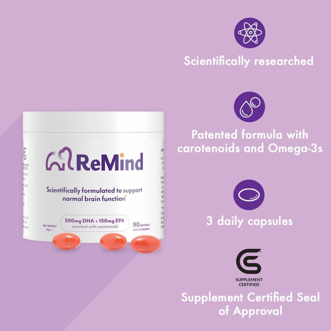 ReMind supplement packaging with capsules on a purple background