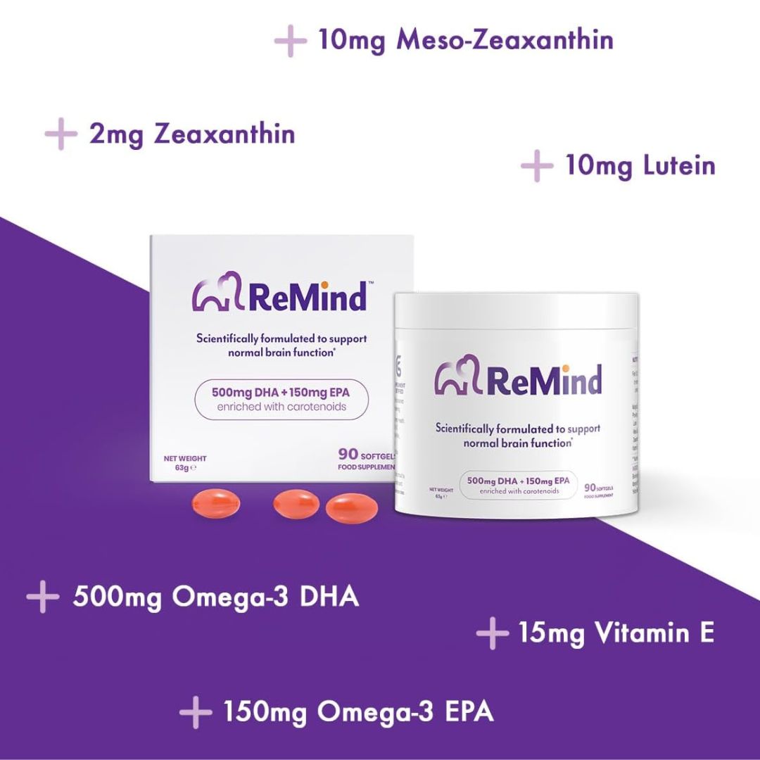 ReMind supplement packaging with ingredients listed on a purple and white background