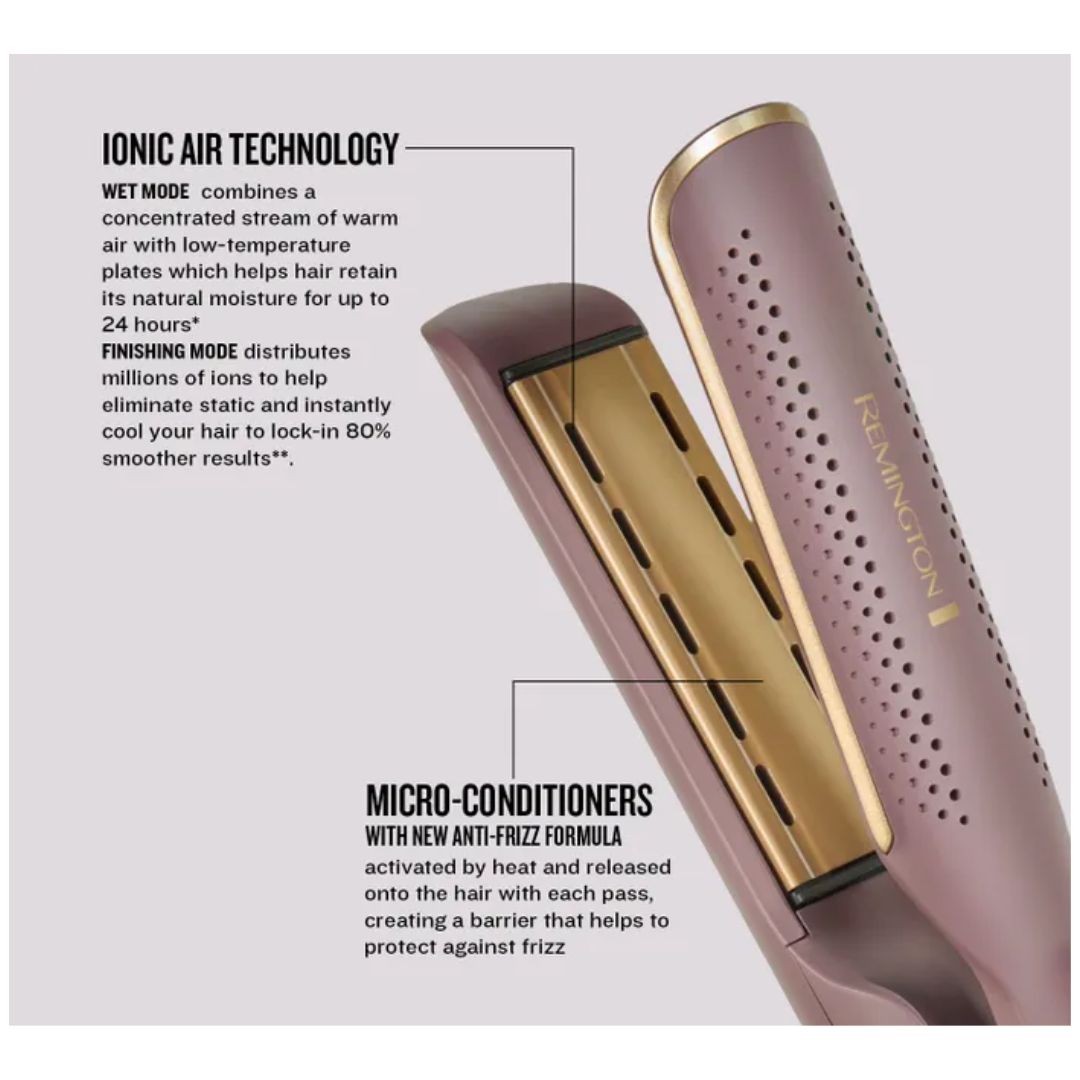 A Reinvolution hair straightener in a dusty rose pink color with gold-toned interior plates and black vent holes, shown with text callouts explaining ionic air technology and micro-conditioners on a light gray background.