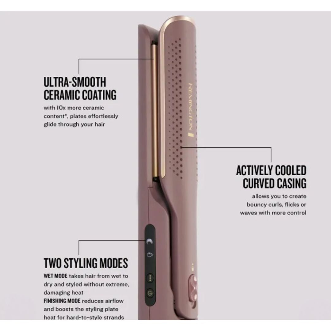 A rose gold hair straightener with gold-toned plates and black controls, shown on a light gray background with three black text callouts describing its ceramic coating, cooled curved casing, and two styling modes.