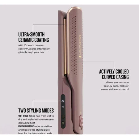 A rose gold hair straightener with gold-toned plates and black controls, shown on a light gray background with three black text callouts describing its ceramic coating, cooled curved casing, and two styling modes.