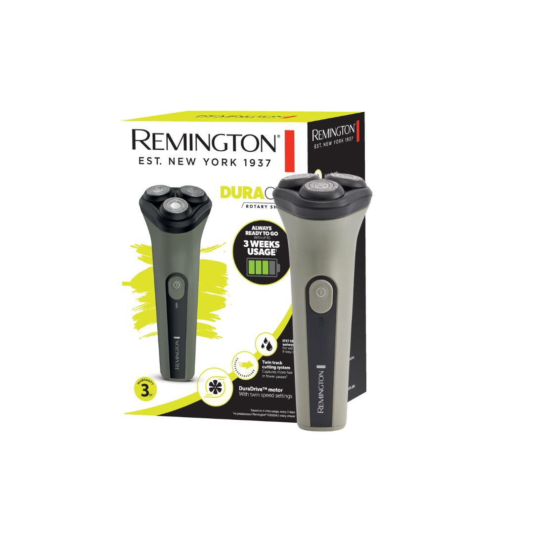Remington Duracell electric shaver shown next to its retail packaging box on a plain white background.