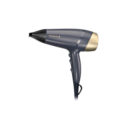 A Remington hair dryer in a dark slate blue-gray color with a metallic gold nozzle and gold brand lettering, shown against a plain white background.