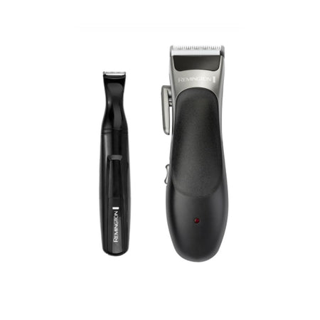 A black and silver Remington grooming kit featuring a cordless electric trimmer and a matching nose trimmer, displayed side-by-side on a solid white background.