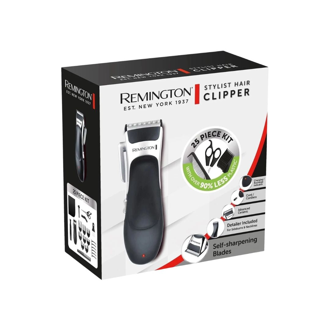 Remington Stylist Hair Clipper 23-piece kit retail packaging box, featuring a black and white design with product imagery and feature callouts.