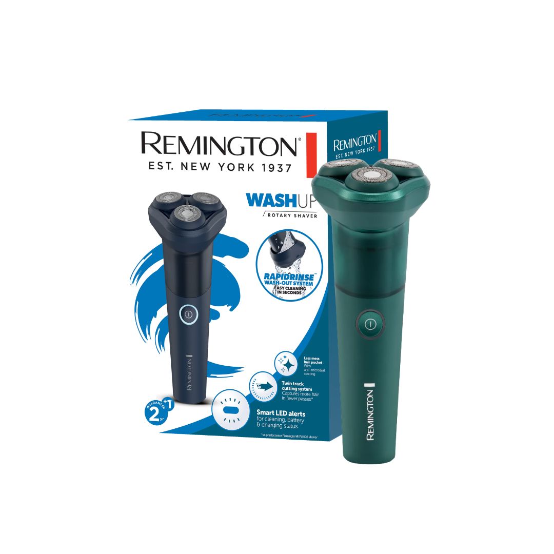 Remington WashUp rotary shaving head and its retail packaging box, featuring a dark teal green shaving head and a navy blue shaving head, on a white background.