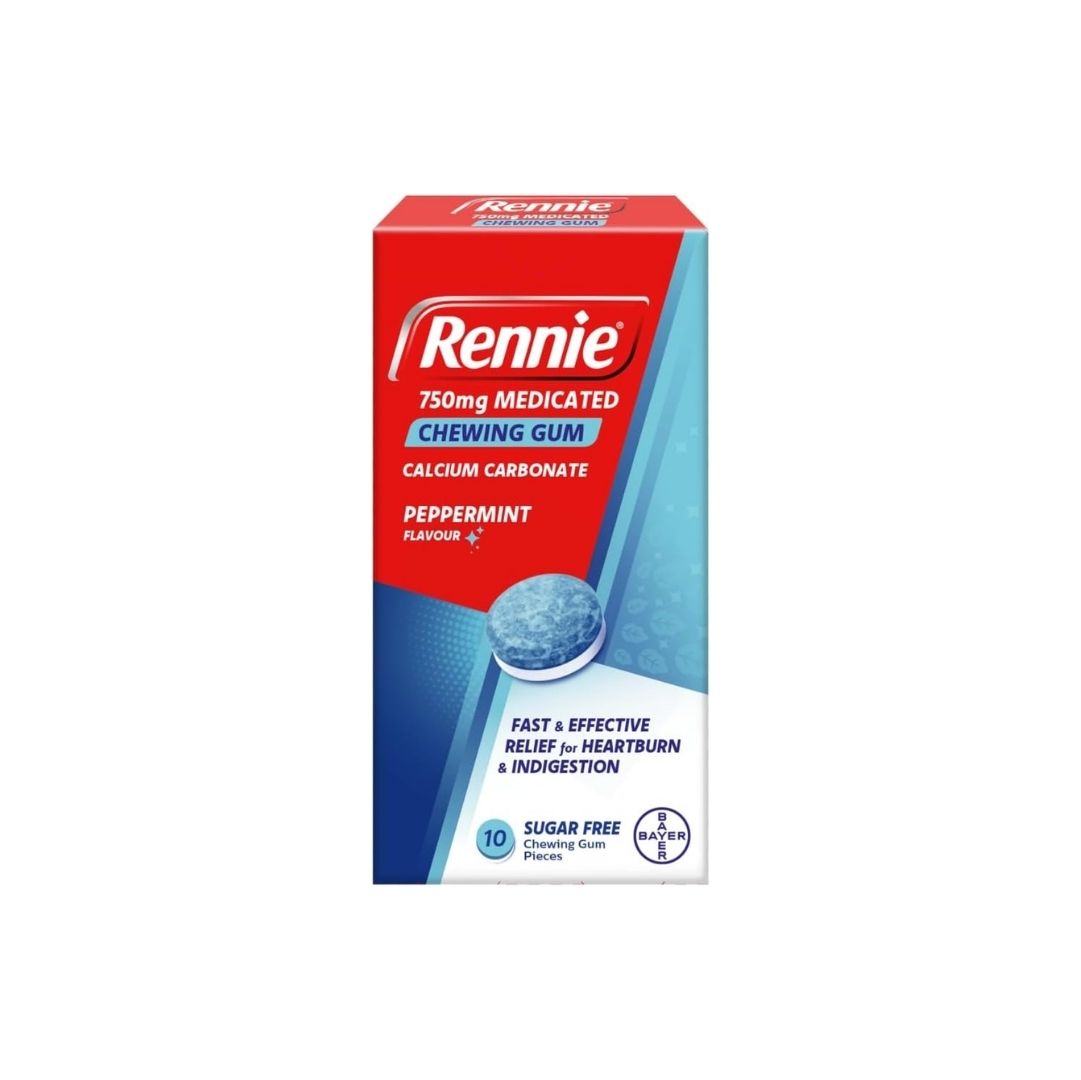 Rennie 750mg Medicated Chewing Gum packaging on a white background