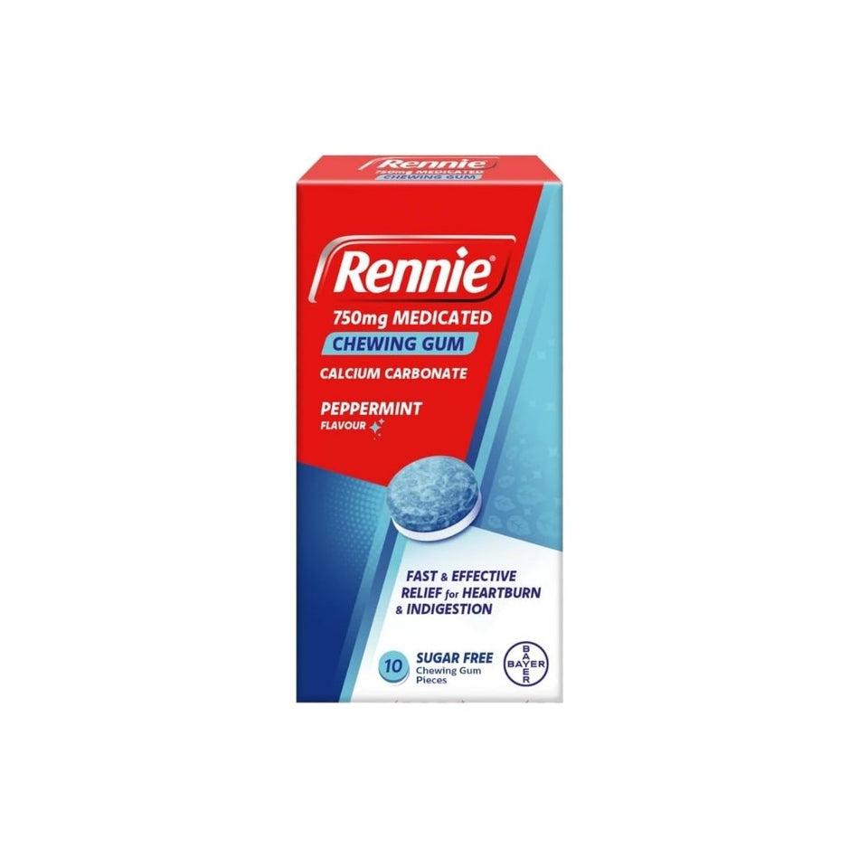 Rennie 750mg Medicated Chewing Gum packaging on a white background