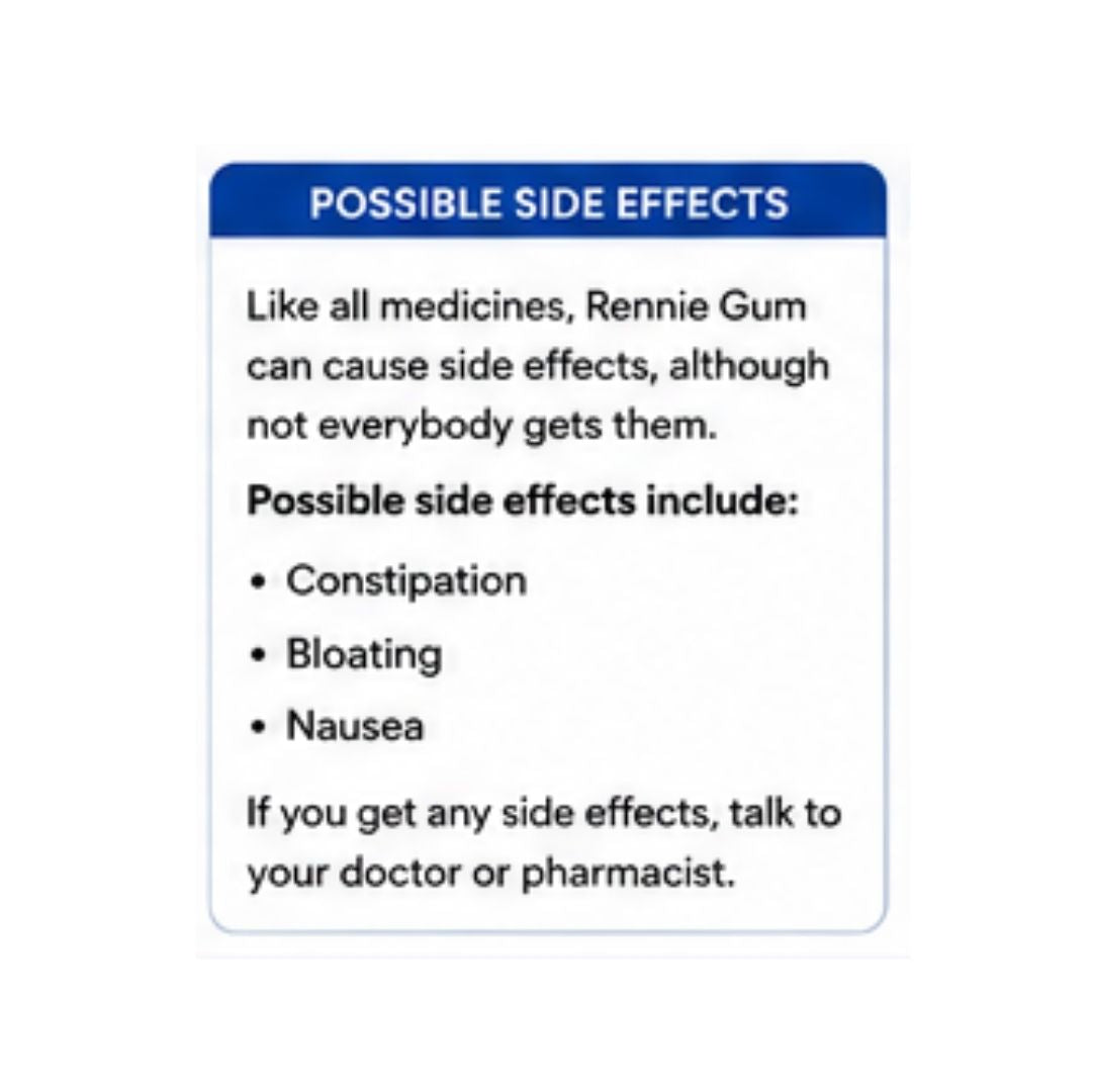 Rennie 750mg Medicated Chewing Gum 'POSSIBLE SIDE EFFECTS' graphic