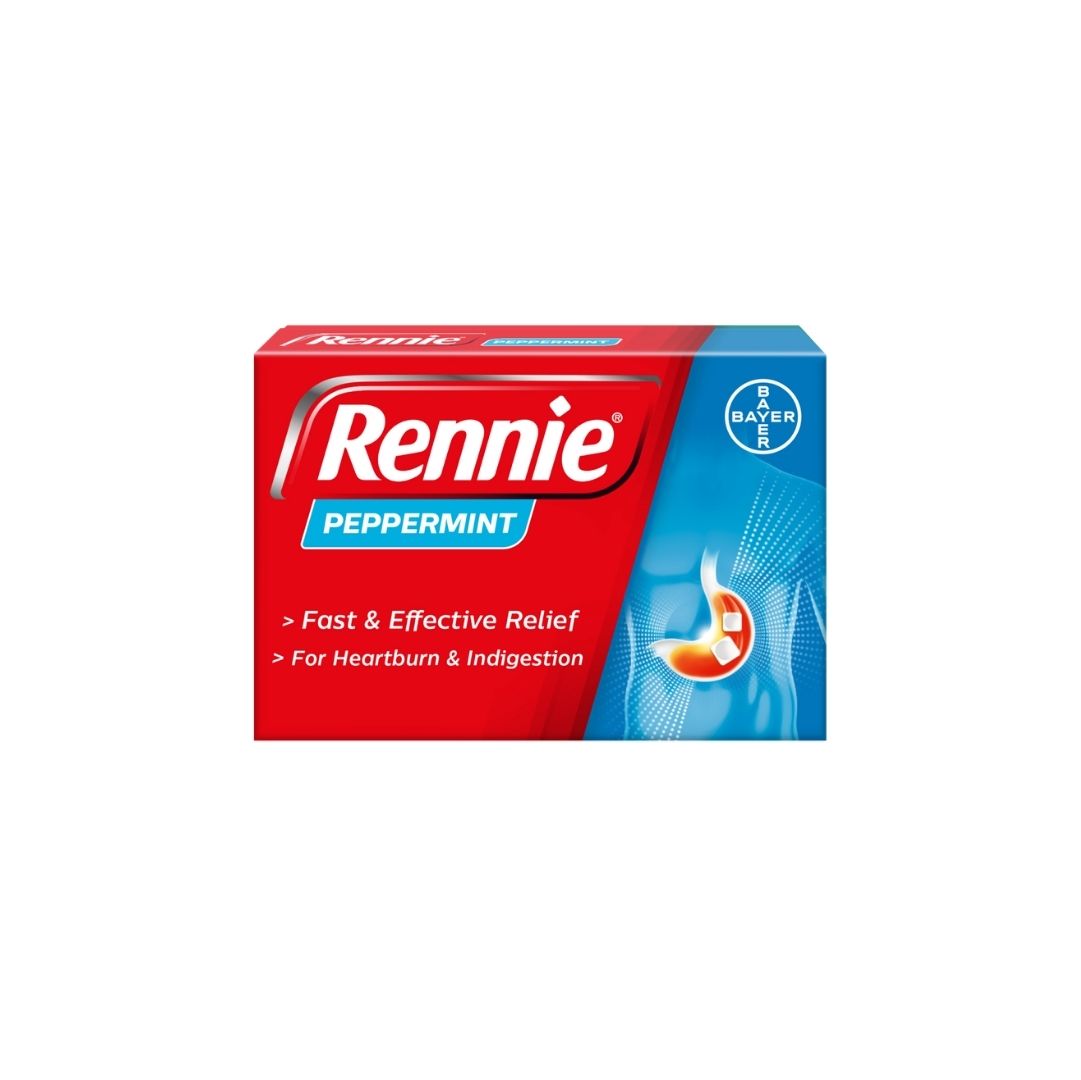 Rennie Peppermint Chewable Antacid 48 Tablets packaging on a white background