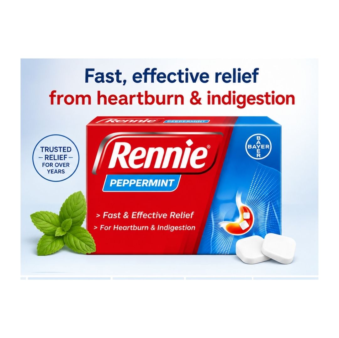Rennie Peppermint Chewable Antacid 48 Tablets promotional graphic on a light blue background