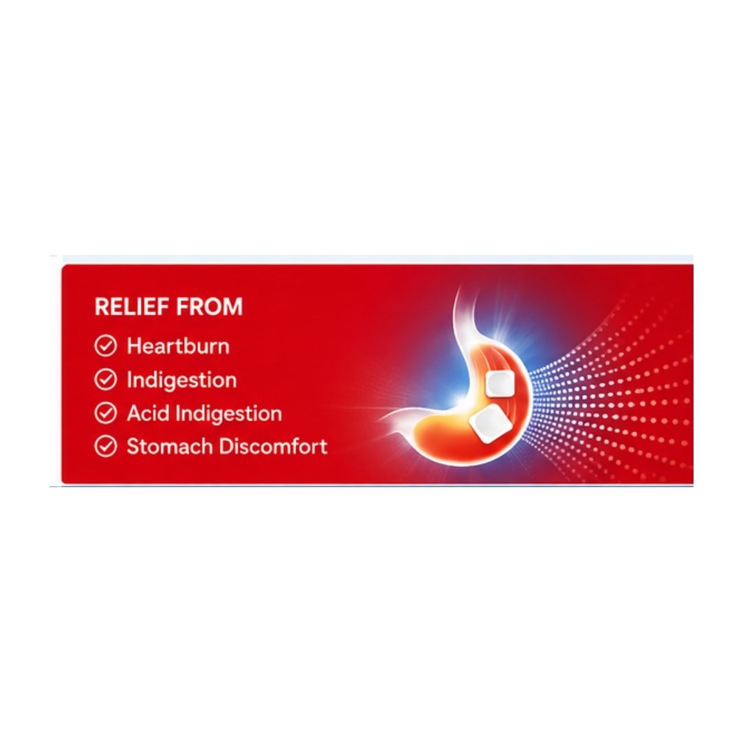 Rennie Peppermint Chewable Antacid 'RELIEF FROM' graphic on a red background