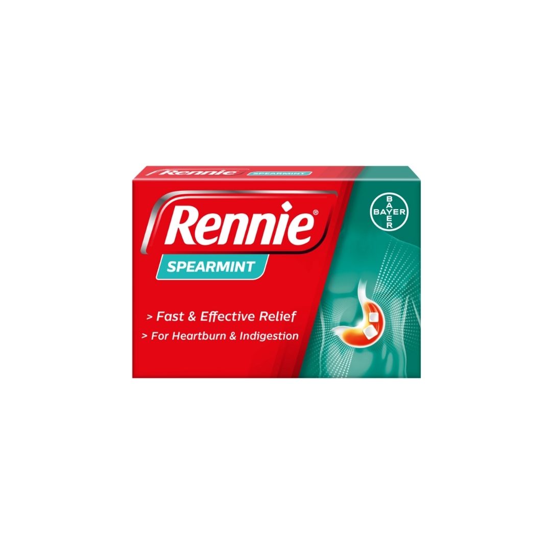 Rennie Spearmint Chewable Antacid 48 Tablets packaging on a white background