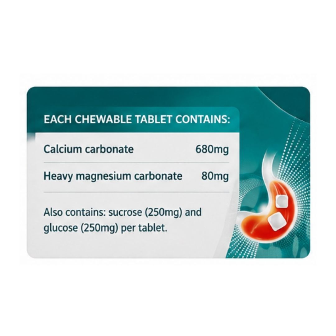 Rennie Spearmint Chewable Antacid 48 Tablets tablet information graphic on a white background