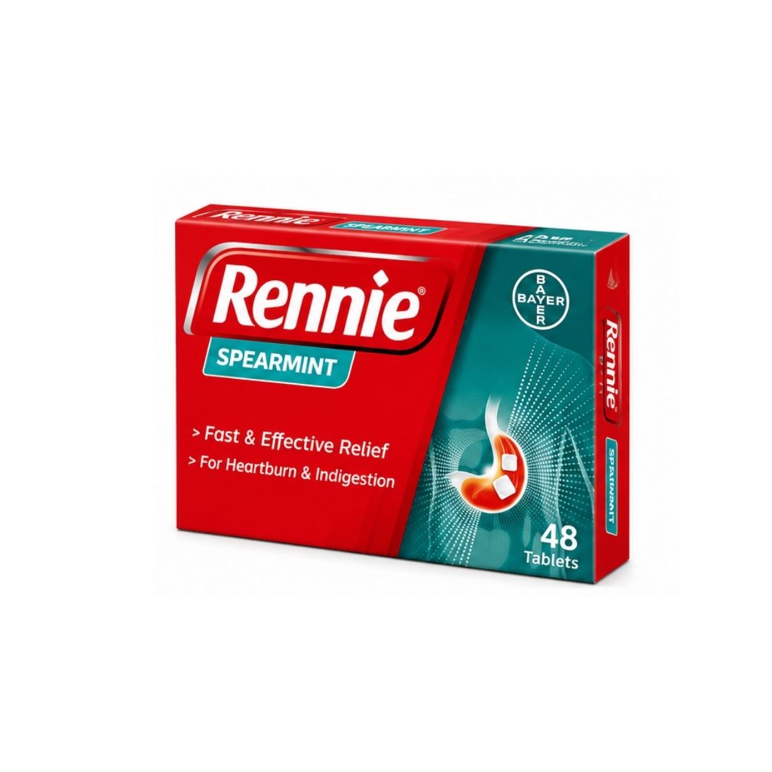 Rennie Spearmint Chewable Antacid 48 Tablets packaging (side angle) on a white background