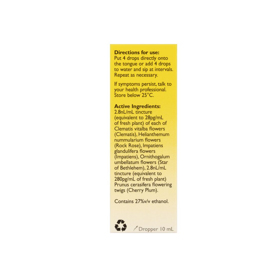 Rescue remedy 10ml Dropper front of packaging side of box with directions and ingredients