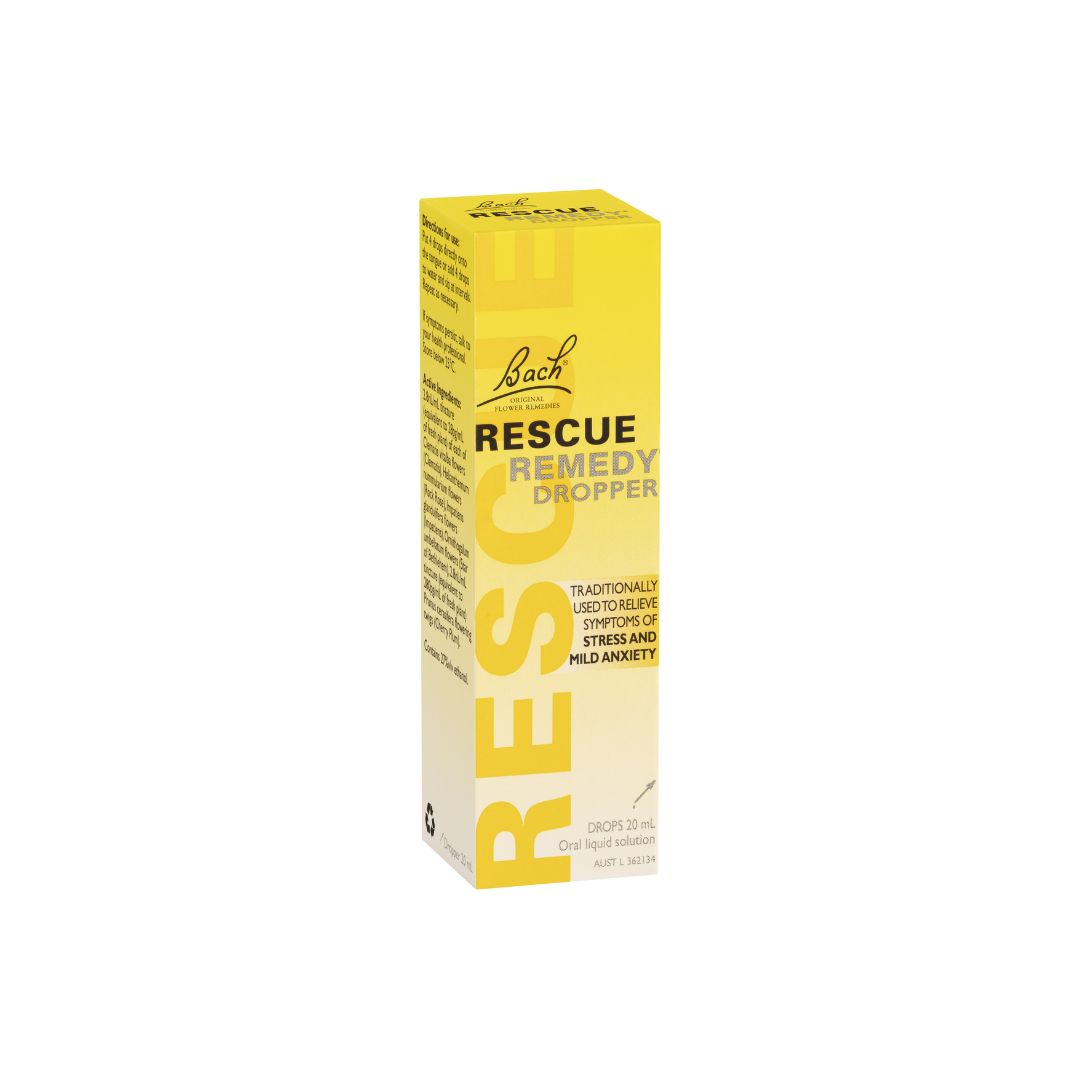 Bach Rescue Remedy 20ml Dropper packaging at oblique angle from front
