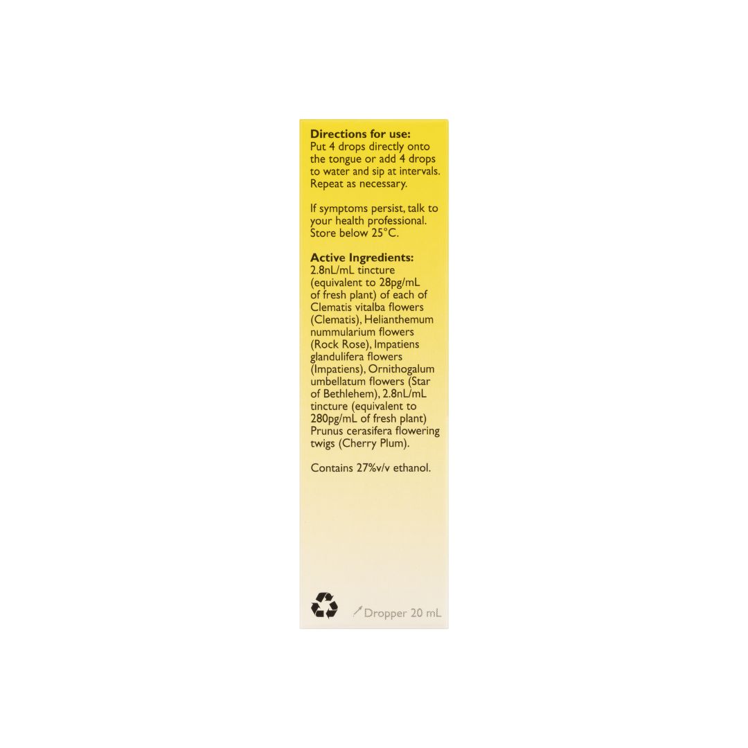 Bach Rescue Remedy 20ml Dropper packaging from side with usage and ingredients