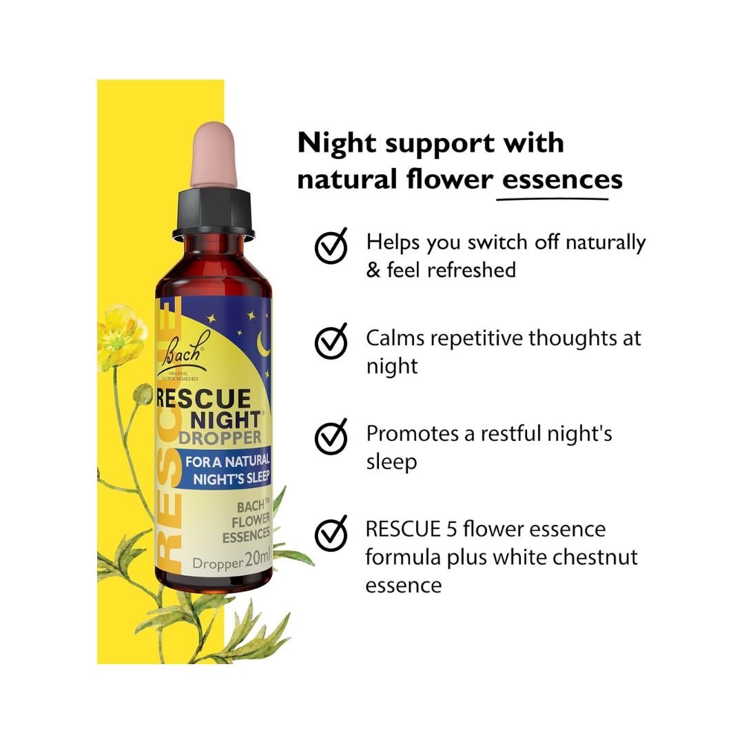 Rescure Remedy Night Dropper 20ml on a white background with product bullet points