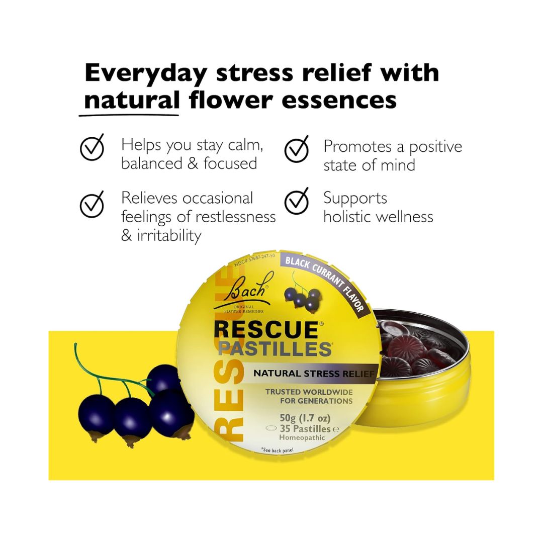 Rescue remedy Pastilles Blackcurrant  product information with container in foreground