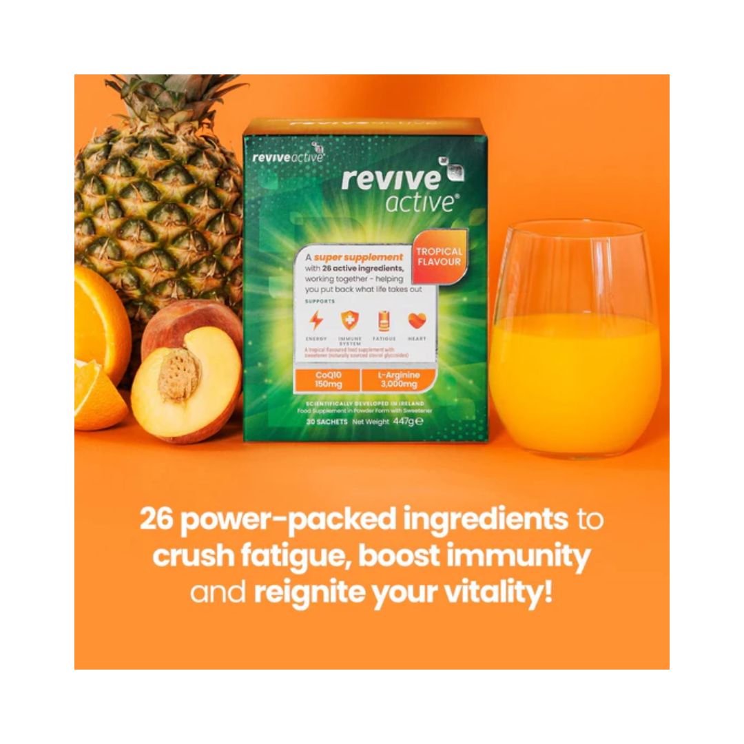 Revive Active Tropical ingredient information on an orange background