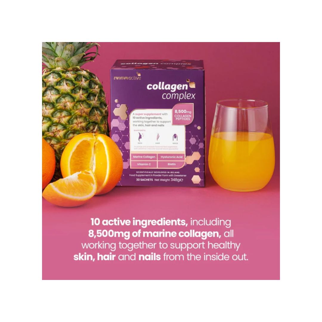 Revive Active Collagen Complex packaging on a pink background surrounded by tropical fruits