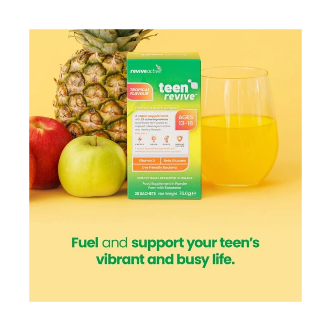 Revive Active Teen Revive Tropical packaging on a green background surrounded by tropical fruits