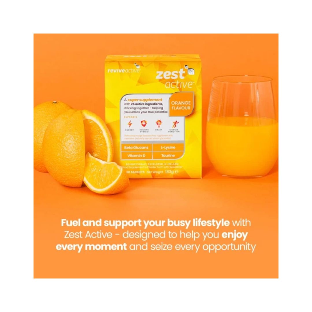 Zest Active Orange packaging on an orange background