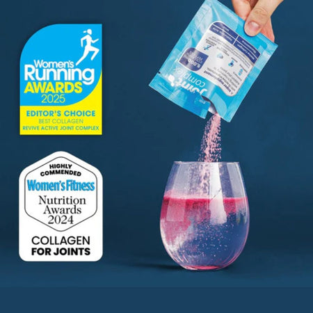 Collagen powder being poured into a glass with awards displayed on a blue background