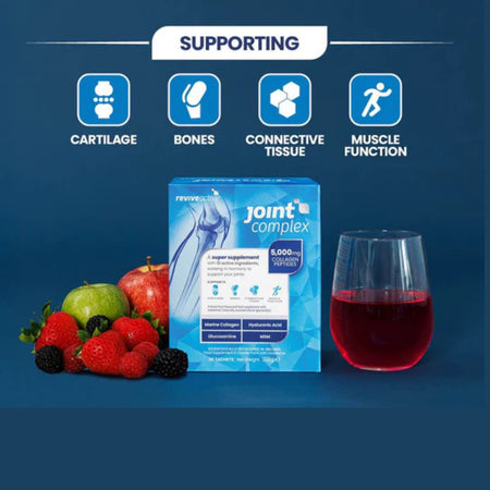 Joint complex supplement box with berries and a glass of red liquid on a blue background