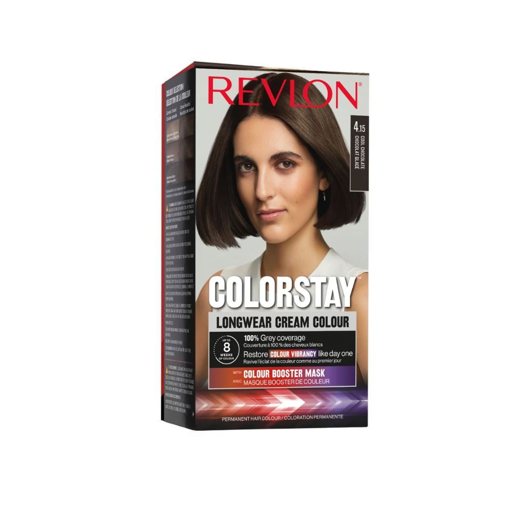 Revlon Colorstay Longwear Cream Colour hair dye box in shade 4.15 Cool Chocolate, featuring a model with a short dark brown bob on the front.