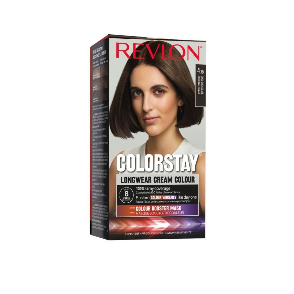 Revlon Colorstay Longwear Cream Colour hair dye box in shade 4.15 Cool Chocolate, featuring a model with a short dark brown bob on the front.