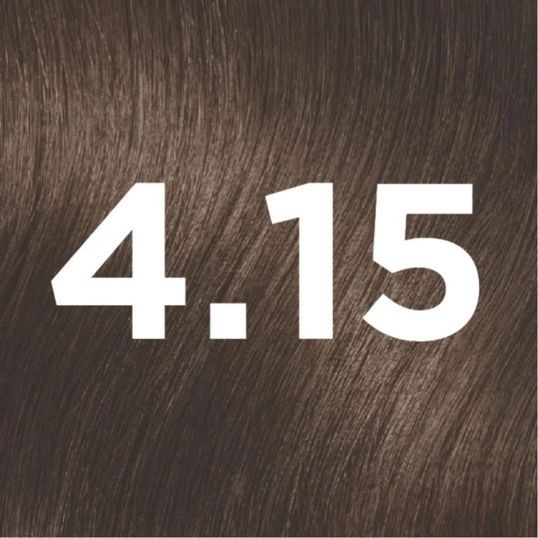 Revlon ColorStay Longwear Cream Colour 4.15 Cool Chocolate - A close-up hair color swatch showing straight brown hair with large white text reading '4.15' overlaid in the center.