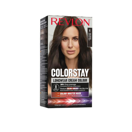 Revlon Colorstay Longwear Cream Colour hair dye box in shade 4, featuring a model with long dark brown hair on the front, set against a plain white background.