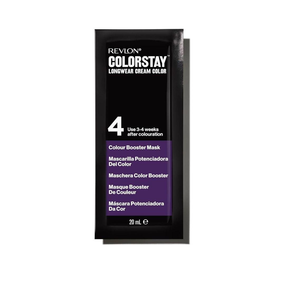 Revlon ColorStay Longwear Cream Color hair color booster mask sachet in shade 4, featuring a black and purple design on a white background.