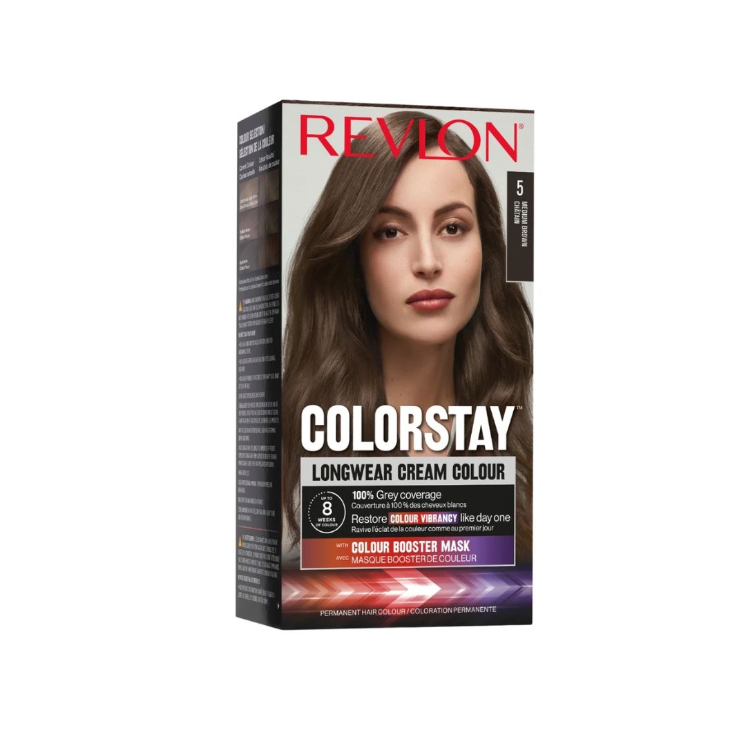 Revlon Colorstay Longwear Cream Colour hair dye box in shade 5 Blonde, featuring a model with long brown hair on the front of the packaging.