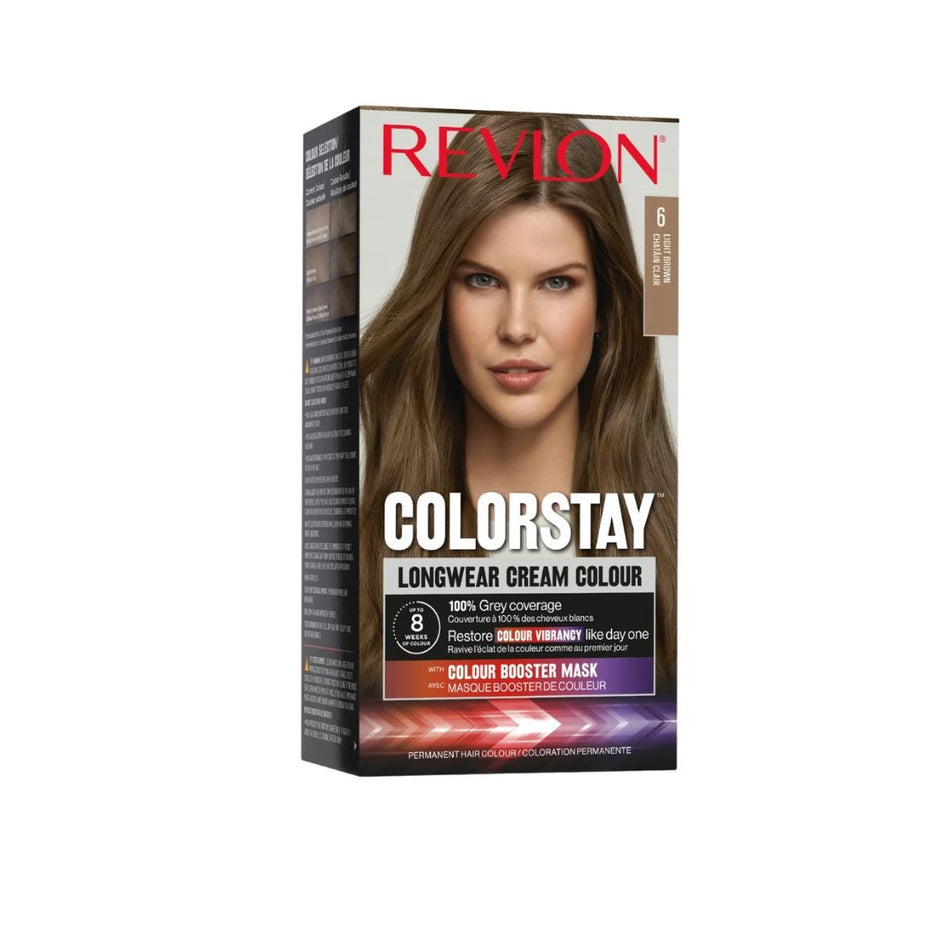 Revlon Colorstay Longwear Cream Colour hair dye box in shade 6 Ash Brown, featuring a model with long brown hair on the front of the packaging.